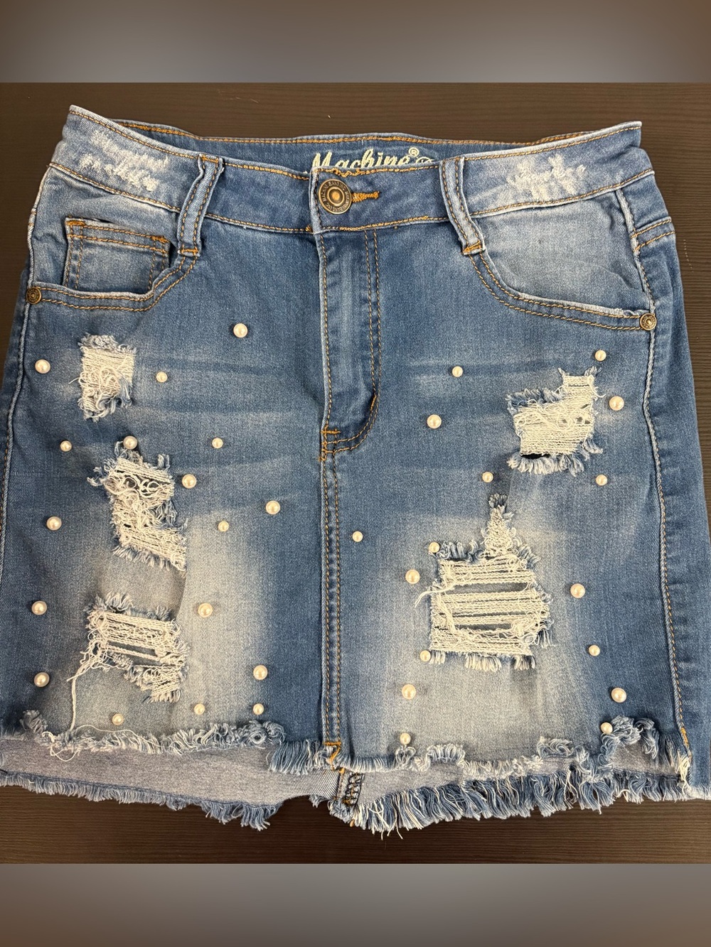 4 for $25 💙 Machine Distressed Pearl Studded Denim Mini Skirt – Size Medium